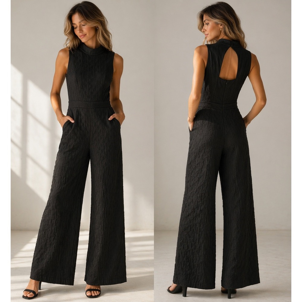 Eva Franco Black Jumpsuit XS Wide Leg Sleeveless Textured Mock Neck Chic